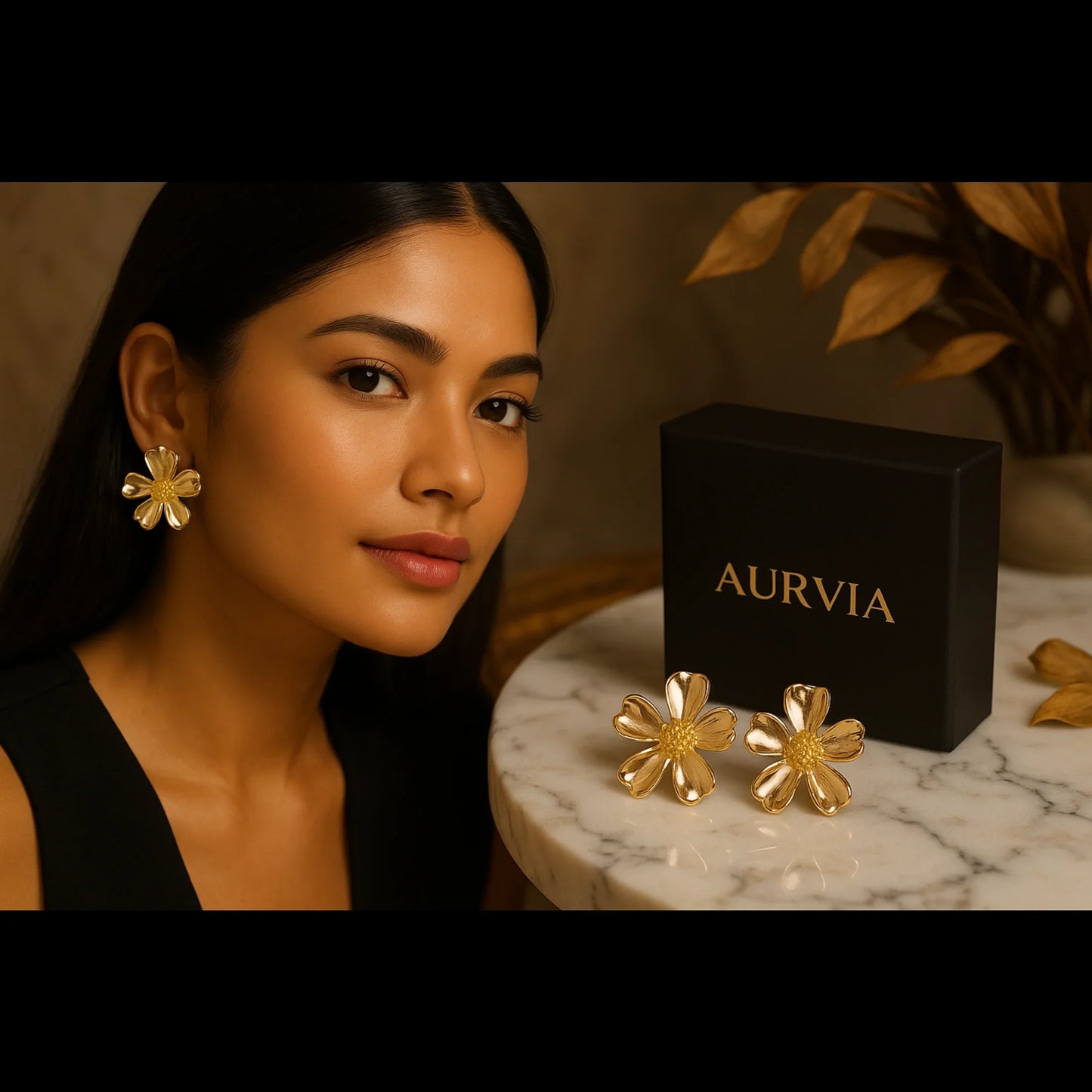 Golden Bloom Floral Drop Earrings - Anti-Tarnish - AURVIA