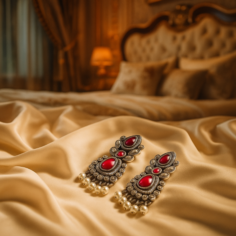Ornate earrings with red gemstones on a beige fabric surface