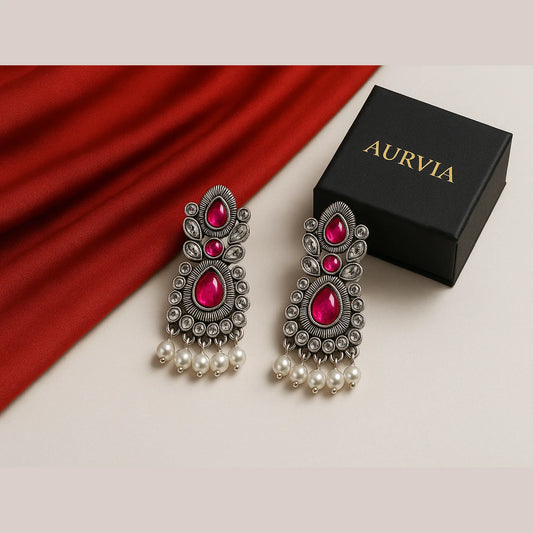 Pink Blossom Danglers Women Pearl Drops Oxidized Traditional | AURVIA
