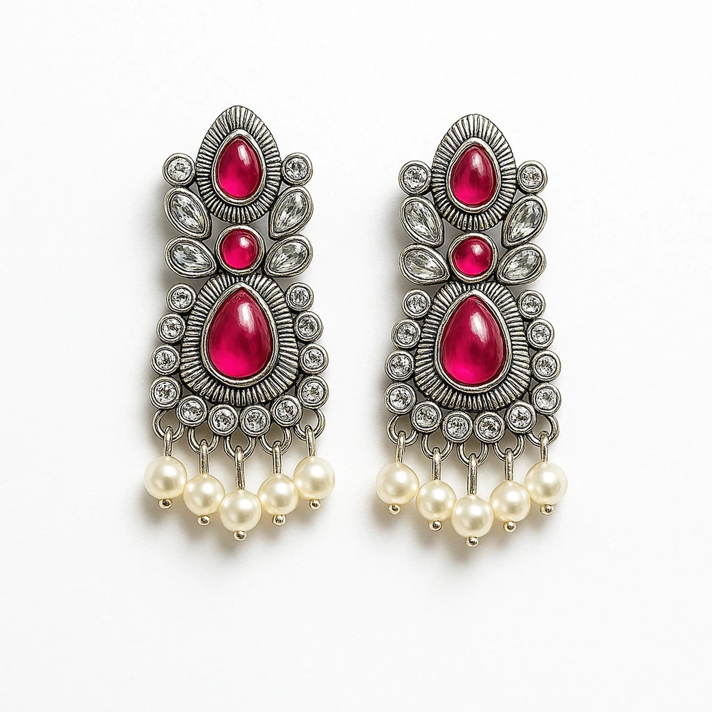 Pink Blossom Danglers Women Pearl Drops Oxidized Traditional | AURVIA