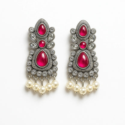 Pink Blossom Danglers Women Pearl Drops Oxidized Traditional | AURVIA
