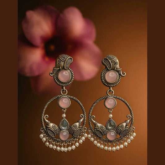 AURVIA oxidized silver chandbali earrings with pink pearls and intricate elephant motif design