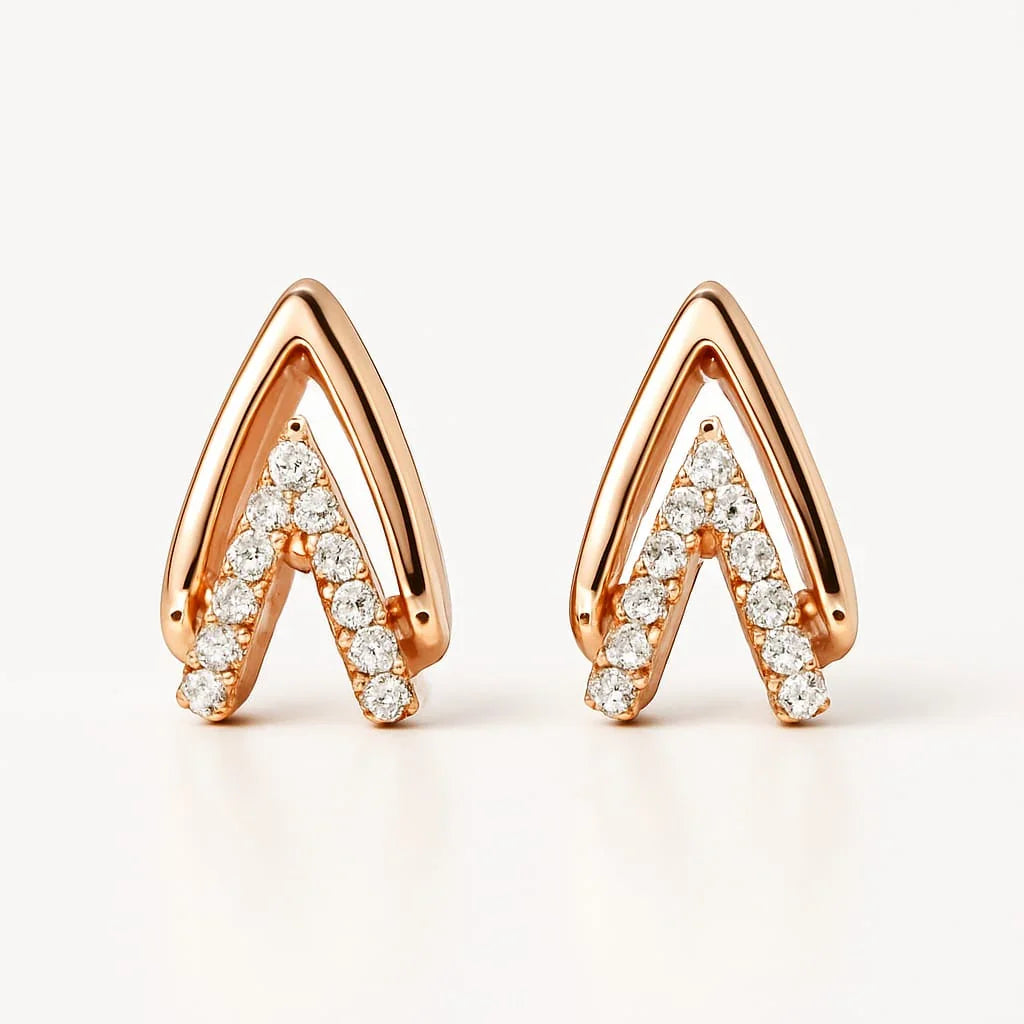 Rose Gold Chevron Earrings Women CZ Stones Modern Geometric | AURVIA