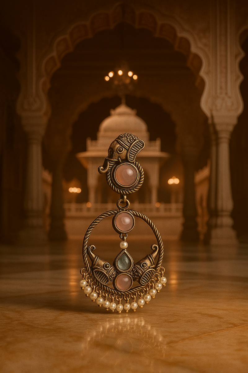 AURVIA traditional Indian chandbali earrings with elephant motif and pink pearl danglers