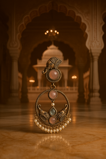 AURVIA traditional Indian chandbali earrings with elephant motif and pink pearl danglers