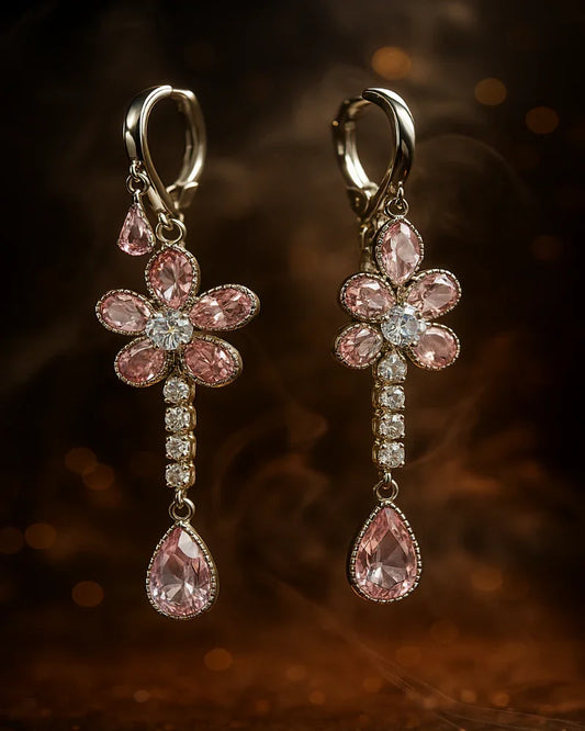 Pair of pink flower-shaped earrings with teardrop drops on a dark background