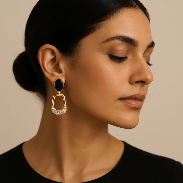 AURVIA Black Onyx Drop Earrings with Oxidized Silver Finish - Ethnic Statement Jewellery