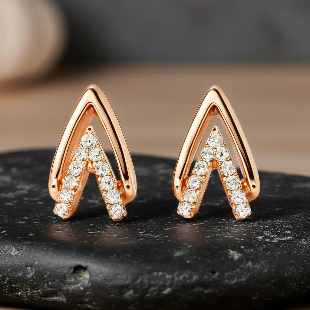 Rose Gold Chevron Earrings Women CZ Stones Modern Geometric | AURVIA
