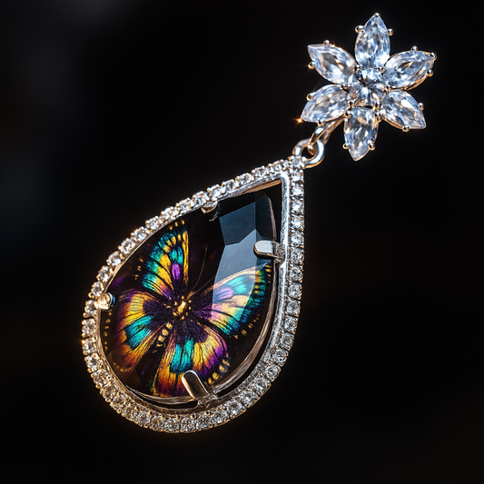 AURVIA Butterfly Earring with Floral Design - Hand Crafted Silver Teardrop Drop with Diamond Halo - Elegant Briding Statement Jewelry