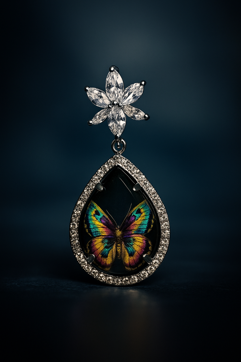 AURVIA  Butterfly Earring with Crystal Flower Top - Hand Crafted Anti-Tarnish Jewelry with Colorful Butterfly in Teardrop Stone