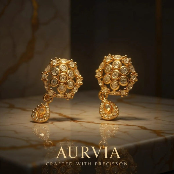 AURVIA Rose Gold Bloom Drop Earrings with floral design and sparkling stones, elegantly placed on marble surface — luxury fashion jewelry for weddings, party wear, daily wear