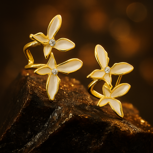 AURVIA White Enamel Floral Earrings with 18K Gold Plating - Front View - Delicate Petal Design