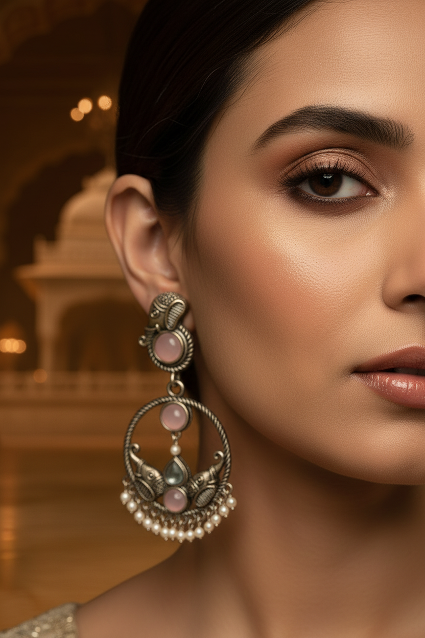 Oxidized Elephant Chandbali Earrings Women Pink Pearl Drop | AURVIA