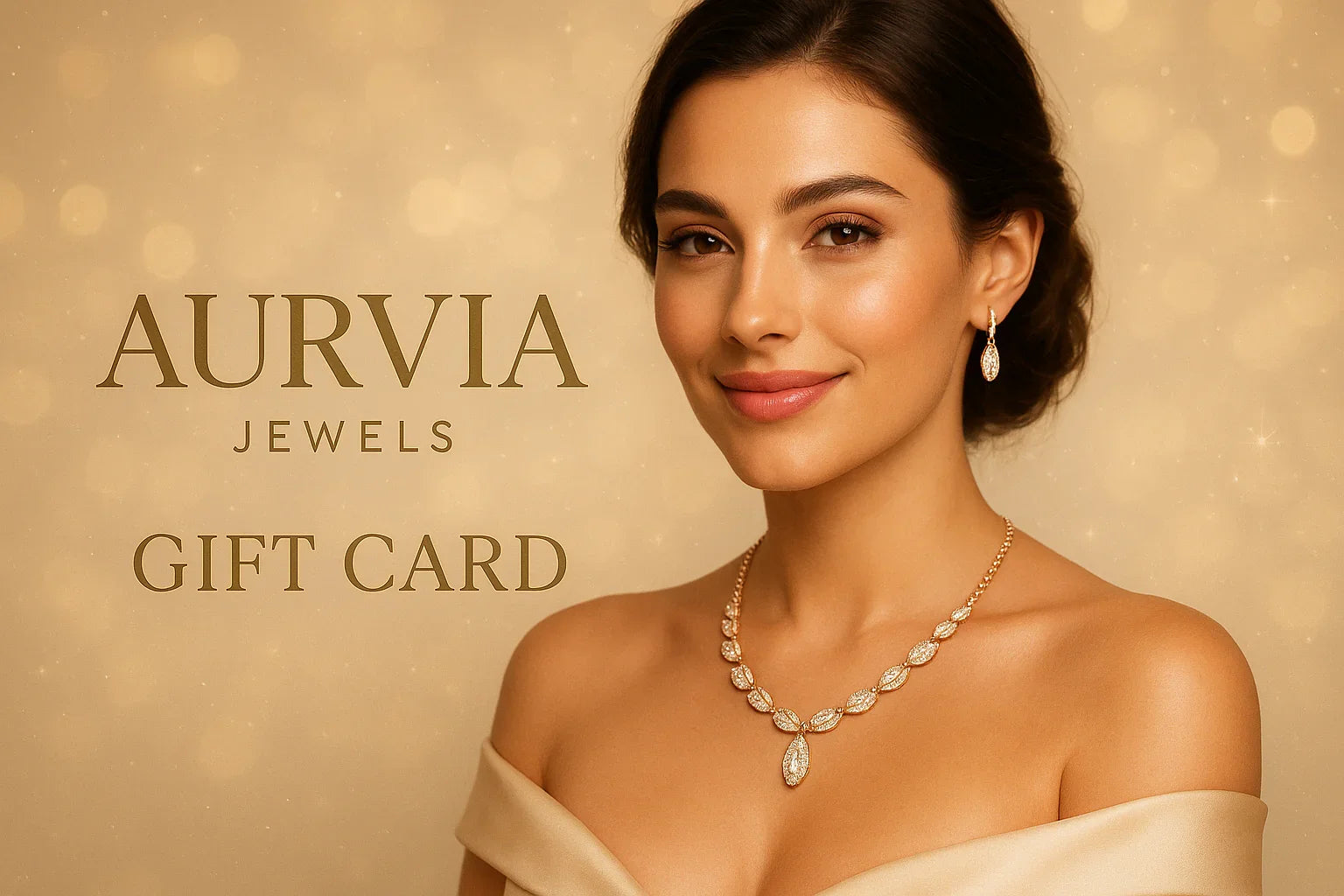 create a cretive conceptual gift card image with beautful model  for my bradn aurvia who is purchsing from my website we are offering them a gift card Give the perfect gift with our digital gift card! This gift card can be used for any purchase in our store and never expires. The recipient will receive an email with the gift card code that can be applied at checkout.