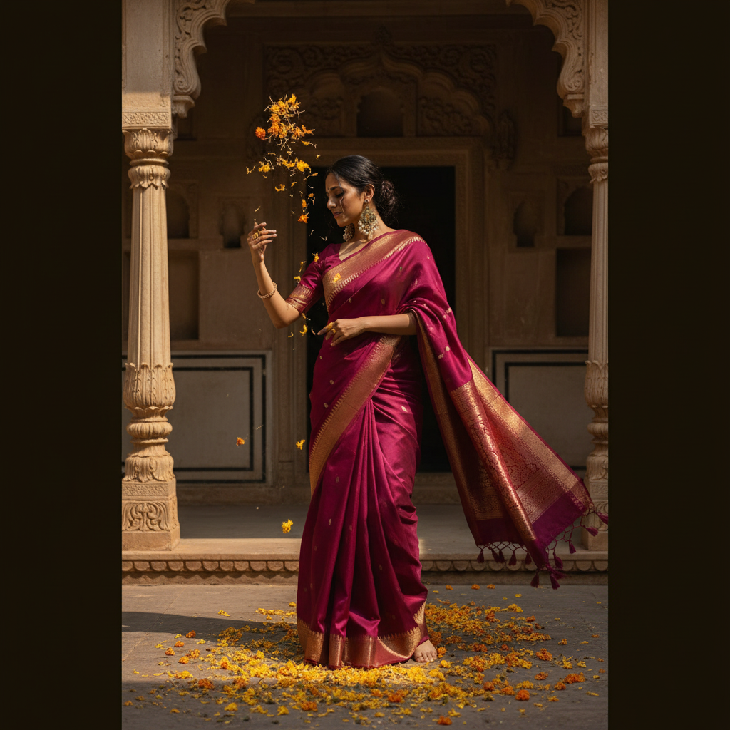 Dancing pose in courtyard with marigold petals