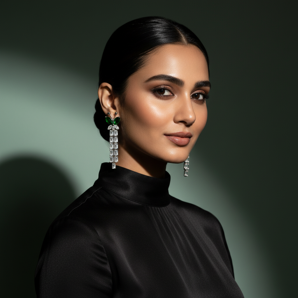 HD cinematic banner with Indian model wearing butterfly earrings