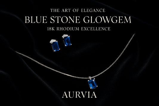 Jewelry set with blue stones and 'Aurvia' branding on a dark background