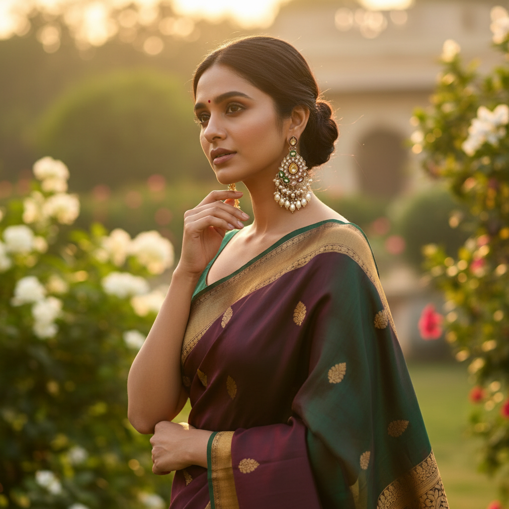 Model in traditional saree with golden hour lighting