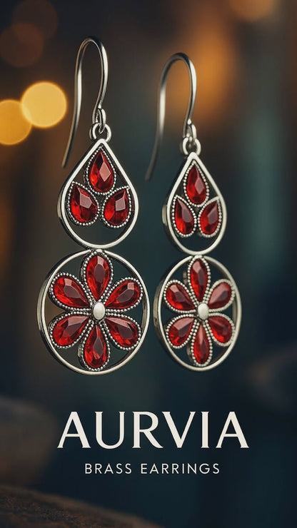 Ruby Red Blossom Drop Earrings Women 18K Rhodium Anti-Tarnish | AURVIA