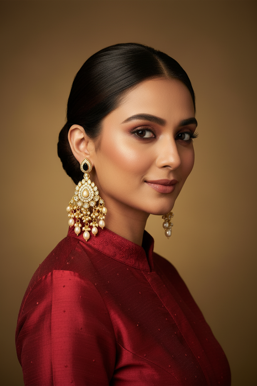 Professional Indian model wearing elegant gold earring banner